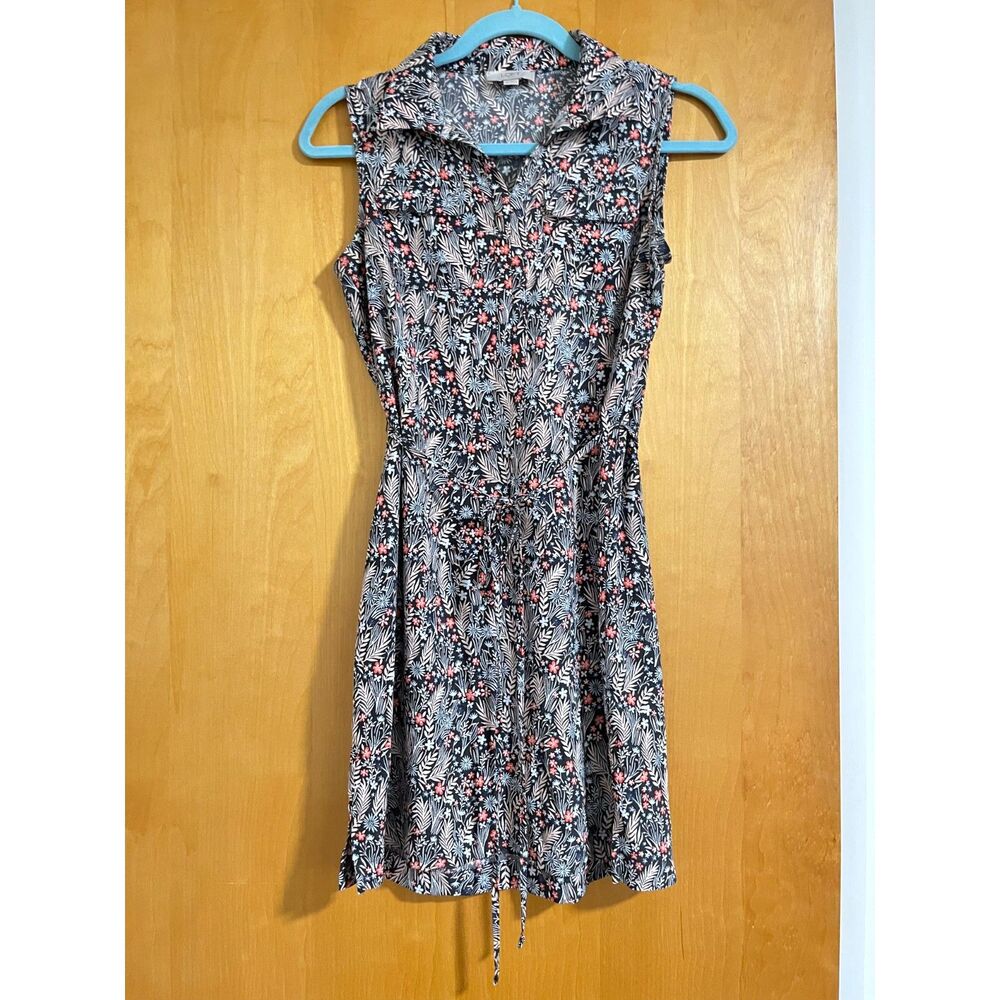 LOFT Floral Sleeveless Dress; belted with collar, midi length